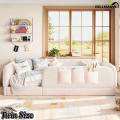 Bellemave® Kids Upholstered Floor Bed with Full Surround Safety Rails, Montessori Low Profile Bed with Teddy Fleece Frame & Side Storage Pocket - Bellemave