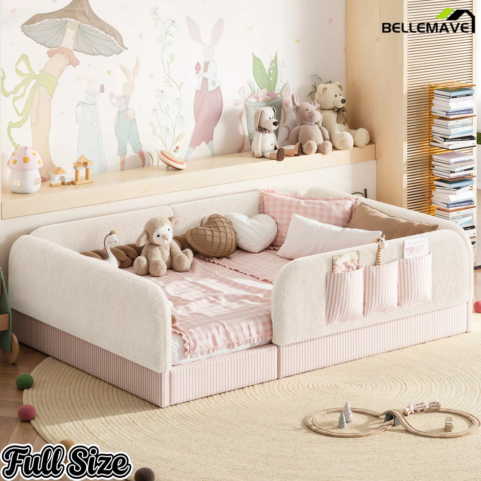 Bellemave® Kids Upholstered Floor Bed with Full Surround Safety Rails, Montessori Low Profile Bed with Teddy Fleece Frame & Side Storage Pocket - Bellemave