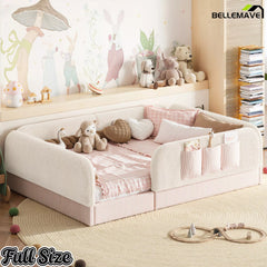 Bellemave® Kids Upholstered Floor Bed with Full Surround Safety Rails, Montessori Low Profile Bed with Teddy Fleece Frame & Side Storage Pocket - Bellemave