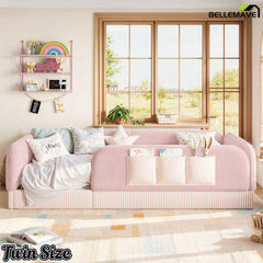 Bellemave® Kids Upholstered Floor Bed with Full Surround Safety Rails, Montessori Low Profile Bed with Teddy Fleece Frame & Side Storage Pocket - Bellemave
