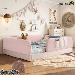 Bellemave® Kids Upholstered Floor Bed with Full Surround Safety Rails, Montessori Low Profile Bed with Teddy Fleece Frame & Side Storage Pocket - Bellemave
