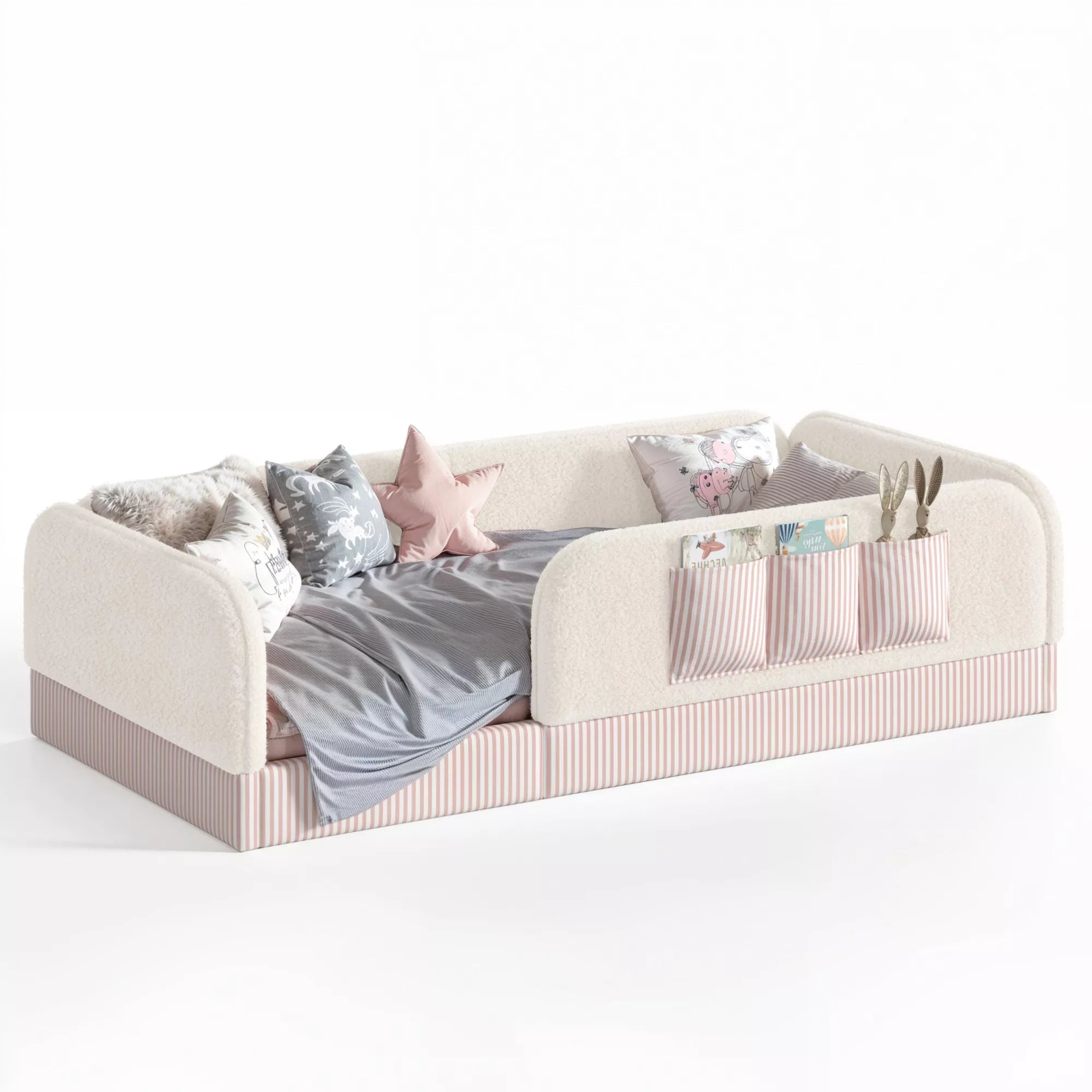 Bellemave® Kids Upholstered Floor Bed with Full Surround Safety Rails, Montessori Low Profile Bed with Teddy Fleece Frame & Side Storage Pocket - Bellemave
