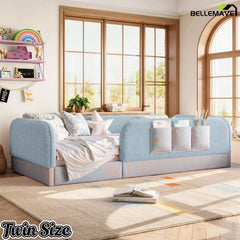 Bellemave® Kids Upholstered Floor Bed with Full Surround Safety Rails, Montessori Low Profile Bed with Teddy Fleece Frame & Side Storage Pocket - Bellemave