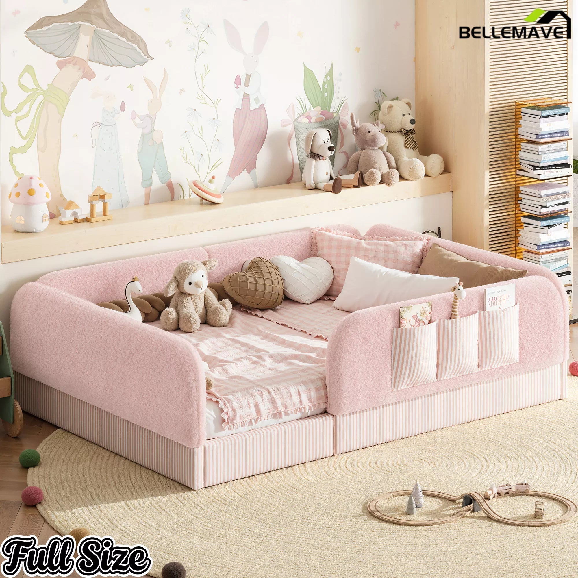 Bellemave® Kids Upholstered Floor Bed with Full Surround Safety Rails, Montessori Low Profile Bed with Teddy Fleece Frame & Side Storage Pocket - Bellemave