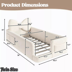 Bellemave® Kids Upholstered Platform Bed Frame with Bow-Shaped Headboard, Side Storage Pockets & Low Profile Design - Bellemave