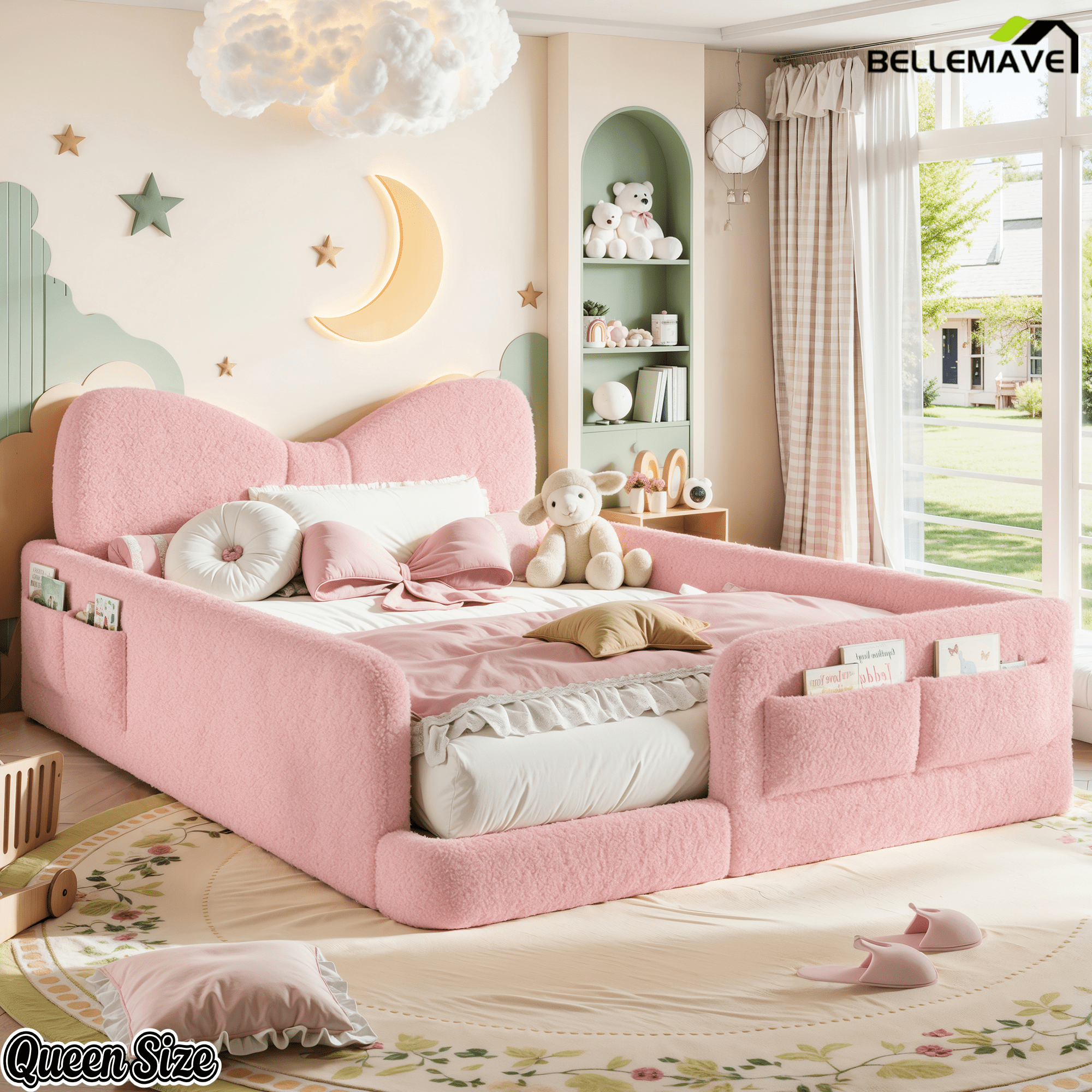 Bellemave® Kids Upholstered Platform Bed Frame with Bow-Shaped Headboard, Side Storage Pockets & Low Profile Design - Bellemave