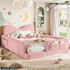 Bellemave® Kids Upholstered Platform Bed Frame with Bow-Shaped Headboard, Side Storage Pockets & Low Profile Design - Bellemave