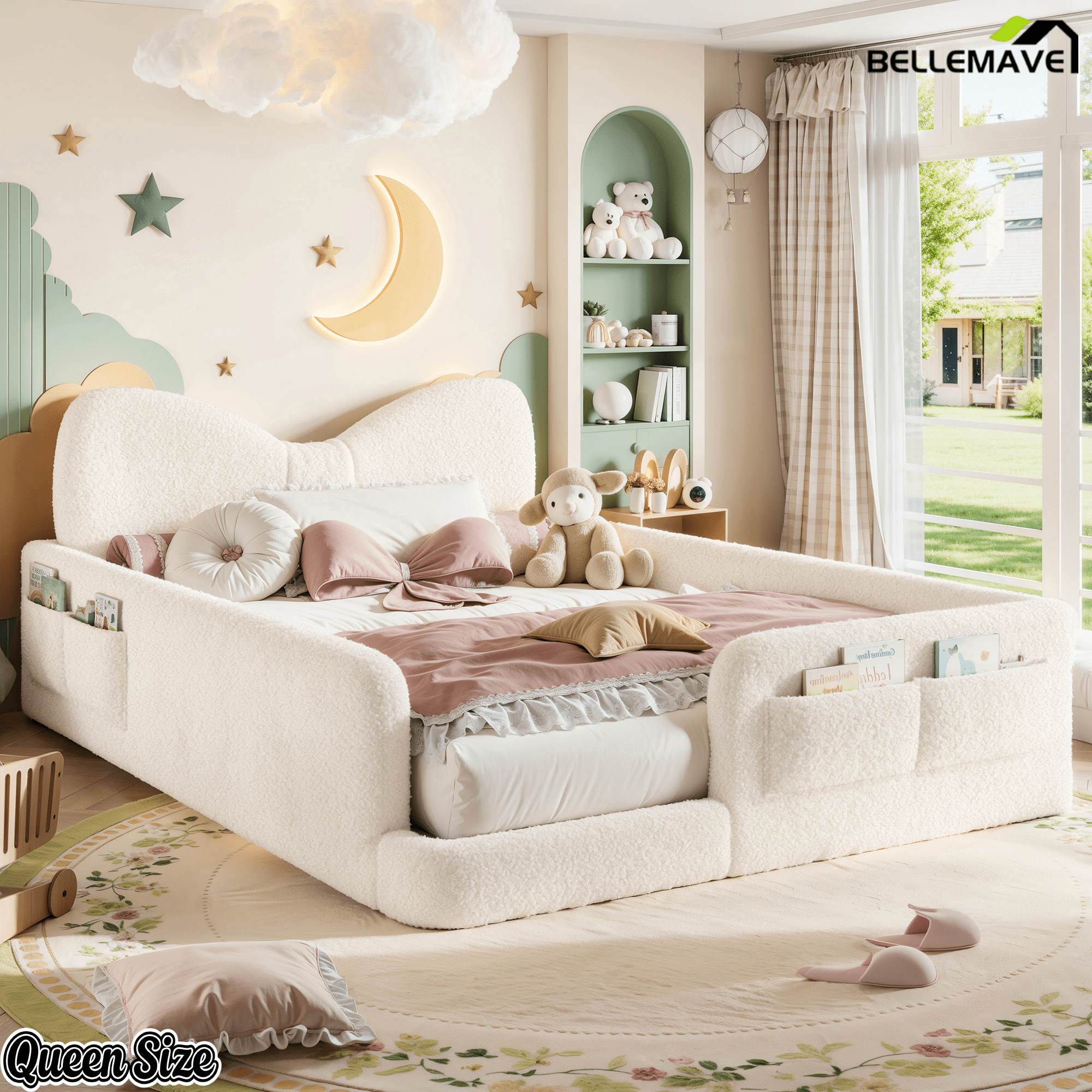 Bellemave® Kids Upholstered Platform Bed Frame with Bow-Shaped Headboard, Side Storage Pockets & Low Profile Design - Bellemave