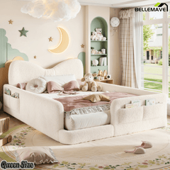 Bellemave® Kids Upholstered Platform Bed Frame with Bow-Shaped Headboard, Side Storage Pockets & Low Profile Design - Bellemave