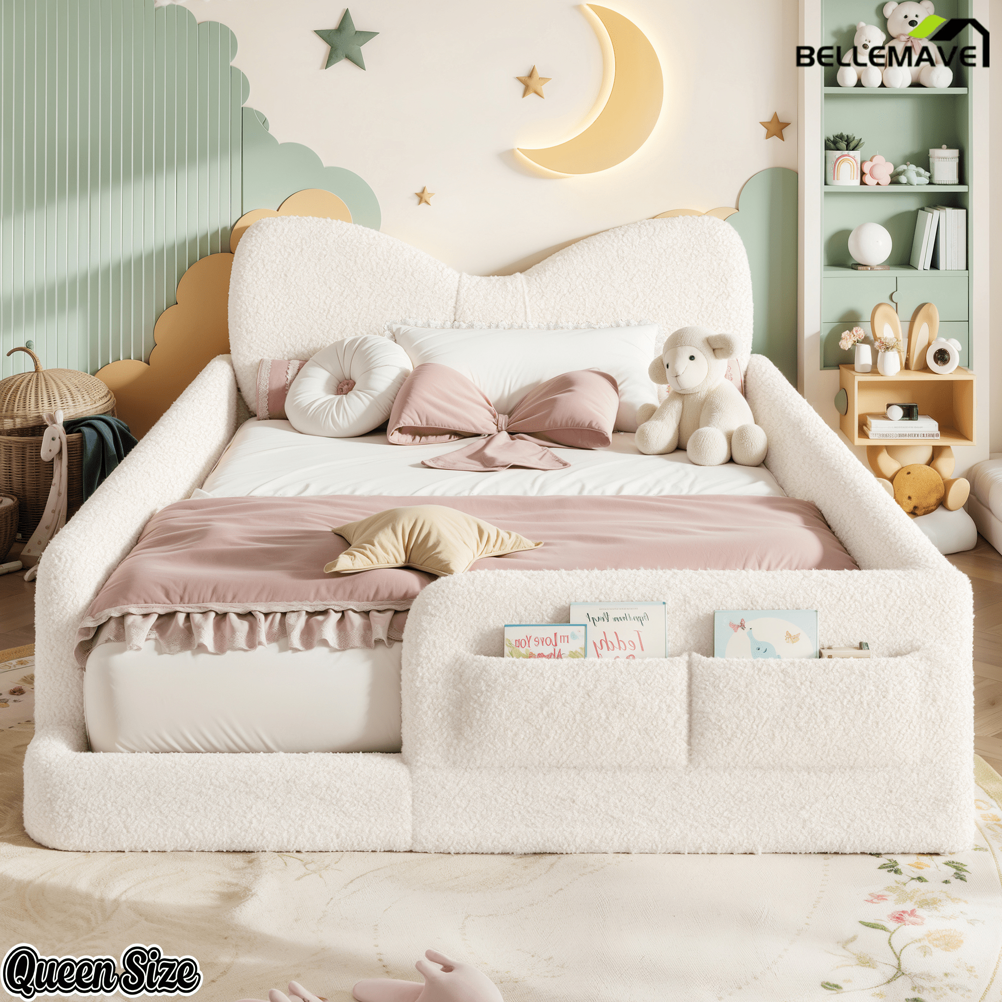 Bellemave® Kids Upholstered Platform Bed Frame with Bow-Shaped Headboard, Side Storage Pockets & Low Profile Design - Bellemave