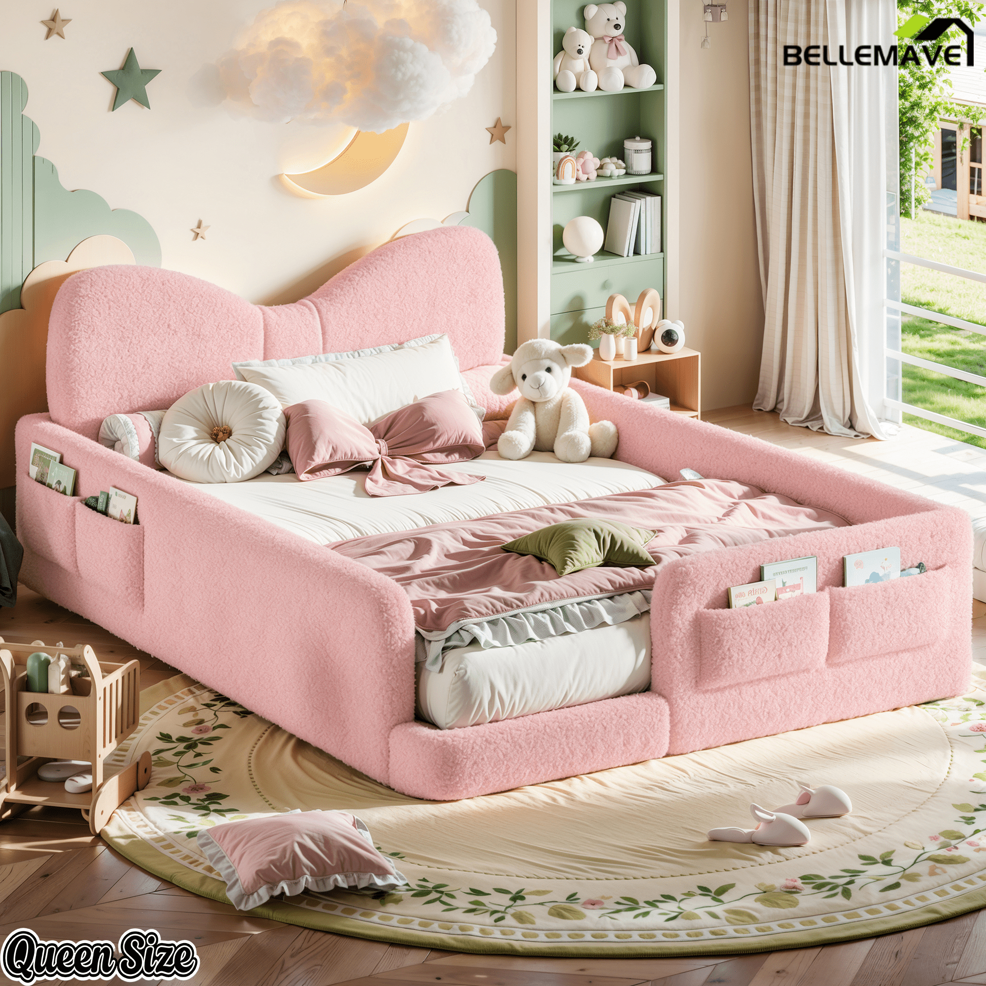 Bellemave® Kids Upholstered Platform Bed Frame with Bow-Shaped Headboard, Side Storage Pockets & Low Profile Design - Bellemave