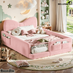 Bellemave® Kids Upholstered Platform Bed Frame with Bow-Shaped Headboard, Side Storage Pockets & Low Profile Design - Bellemave