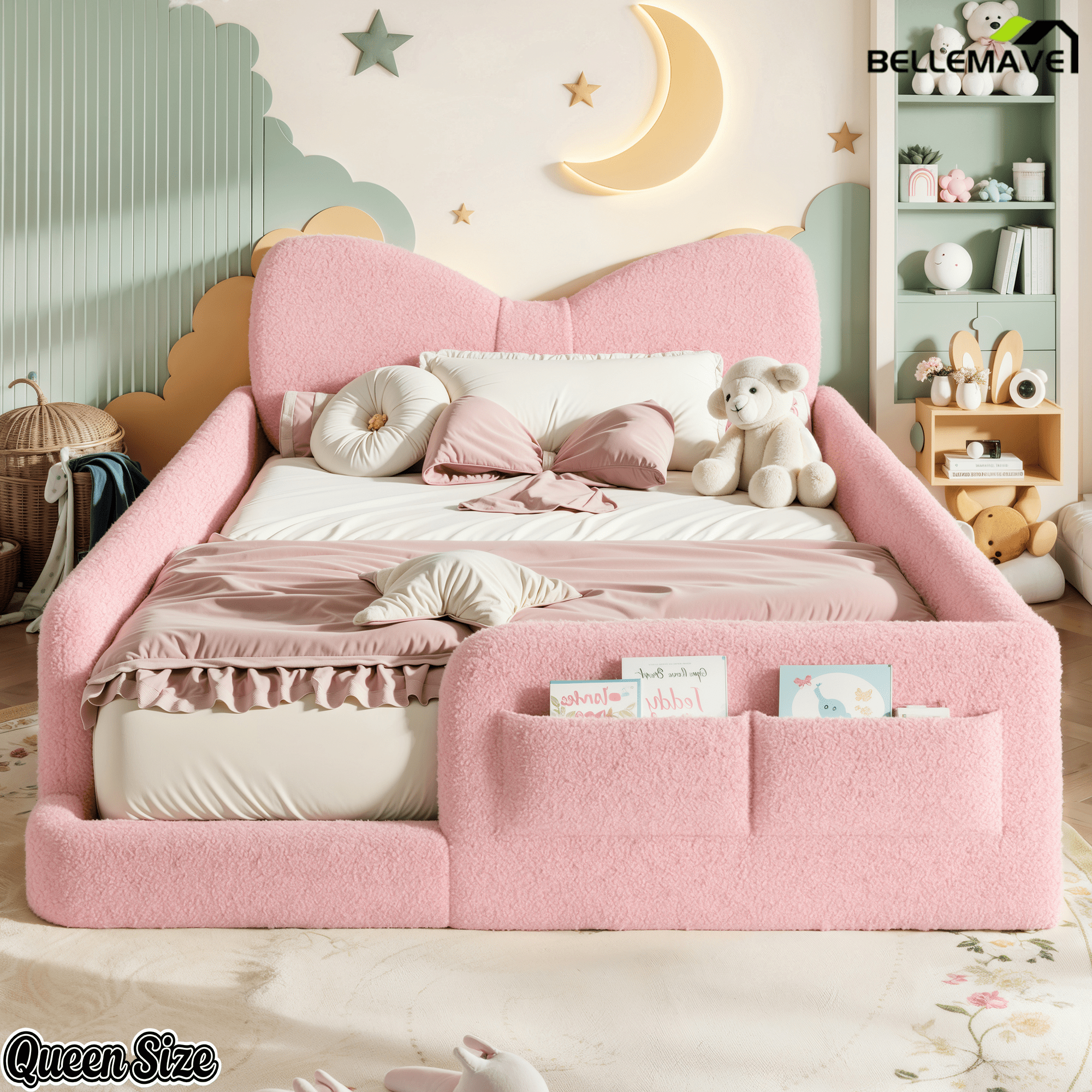Bellemave® Kids Upholstered Platform Bed Frame with Bow-Shaped Headboard, Side Storage Pockets & Low Profile Design - Bellemave