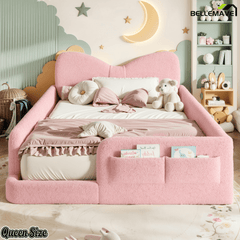 Bellemave® Kids Upholstered Platform Bed Frame with Bow-Shaped Headboard, Side Storage Pockets & Low Profile Design - Bellemave