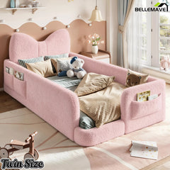 Bellemave® Kids Upholstered Platform Bed Frame with Bow-Shaped Headboard, Side Storage Pockets & Low Profile Design - Bellemave