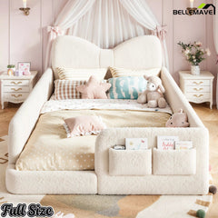 Bellemave® Kids Upholstered Platform Bed Frame with Bow-Shaped Headboard, Side Storage Pockets & Low Profile Design - Bellemave
