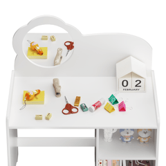Bellemave® Kids Vanity Table and Chair Set with Mirror and Storage Shelves, Wooden Study and Activity Table, White - Bellemave