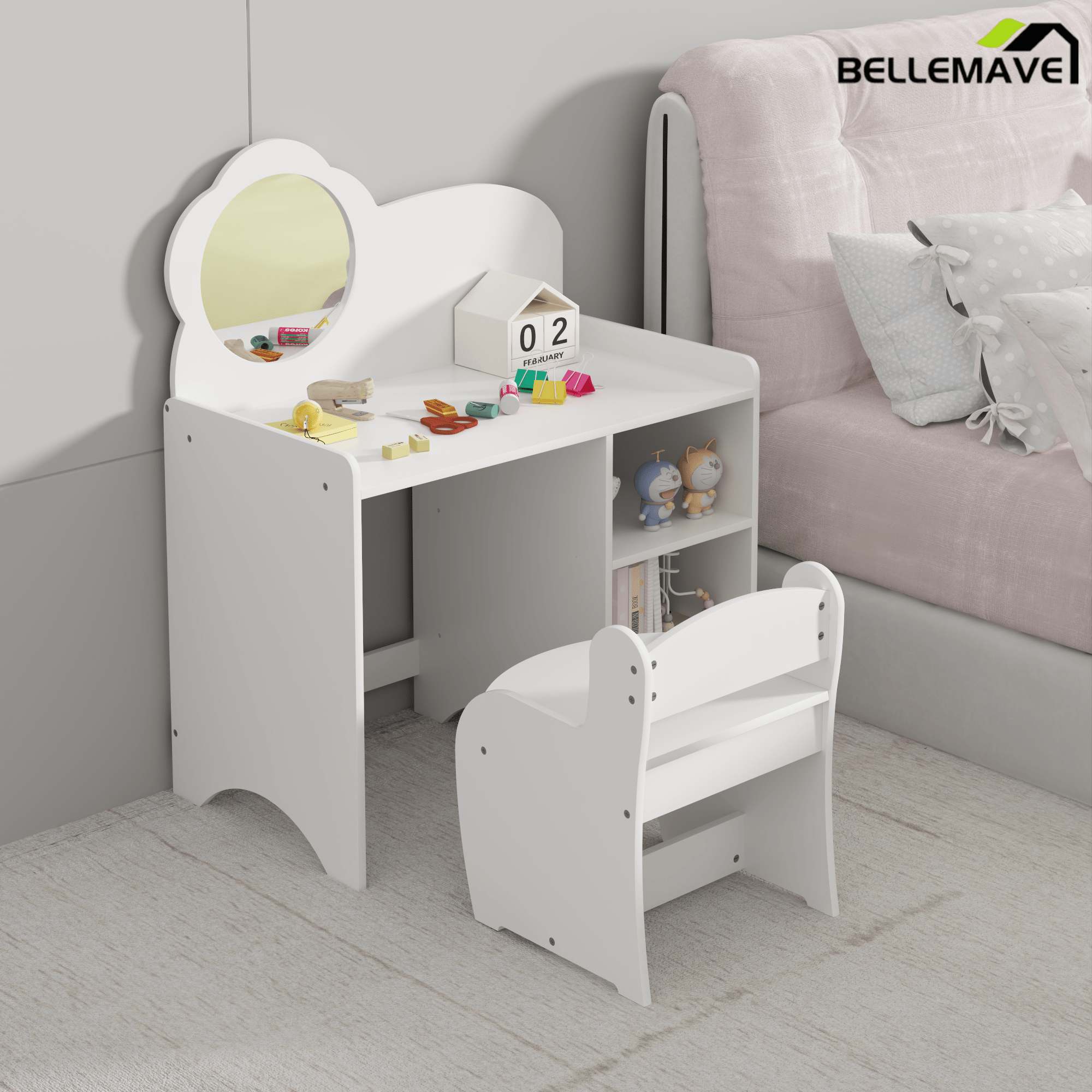 Bellemave® Kids Vanity Table and Chair Set with Mirror and Storage Shelves, Wooden Study and Activity Table, White - Bellemave