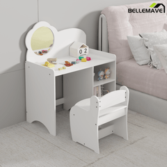Bellemave® Kids Vanity Table and Chair Set with Mirror and Storage Shelves, Wooden Study and Activity Table, White - Bellemave