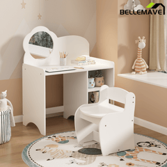 Bellemave® Kids Vanity Table and Chair Set with Mirror and Storage Shelves, Wooden Study and Activity Table, White - Bellemave