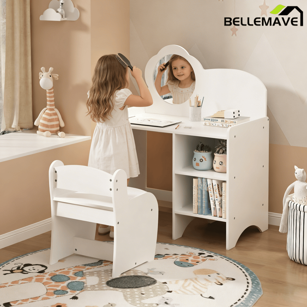 Bellemave® Kids Vanity Table and Chair Set with Mirror and Storage Shelves, Wooden Study and Activity Table, White - Bellemave