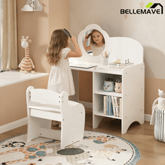 Bellemave® Kids Vanity Table and Chair Set with Mirror and Storage Shelves, Wooden Study and Activity Table, White - Bellemave