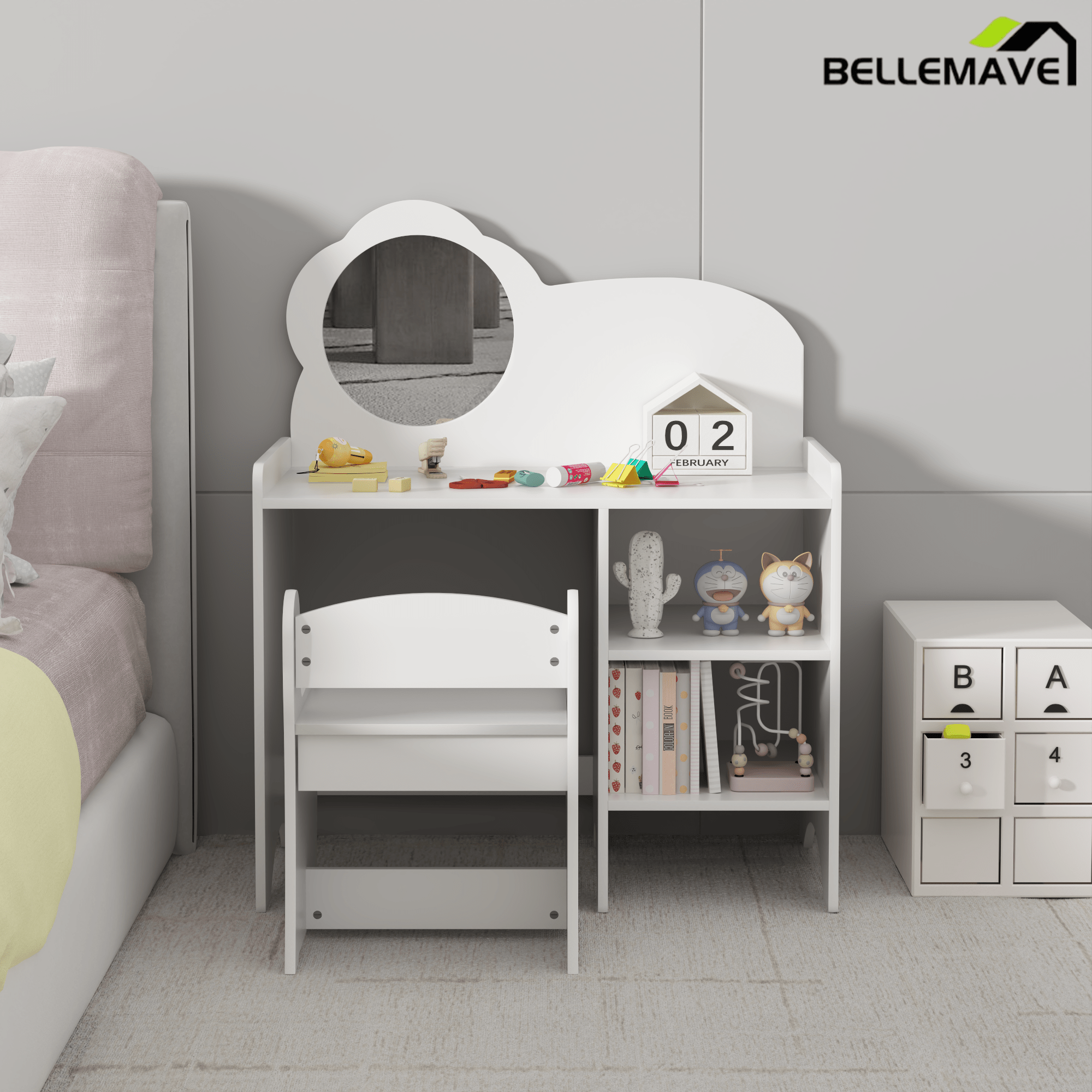 Bellemave® Kids Vanity Table and Chair Set with Mirror and Storage Shelves, Wooden Study and Activity Table, White - Bellemave