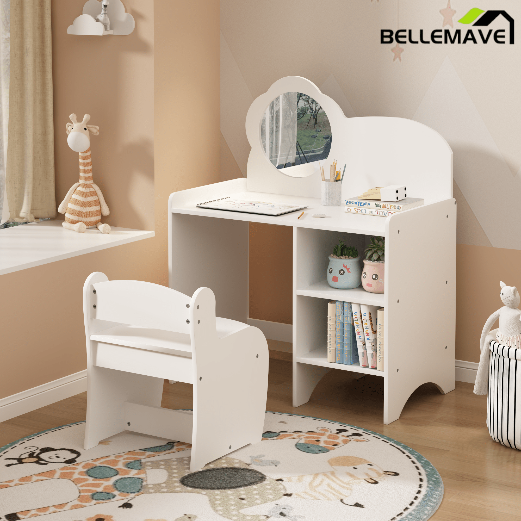 Bellemave® Kids Vanity Table and Chair Set with Mirror and Storage Shelves, Wooden Study and Activity Table, White - Bellemave