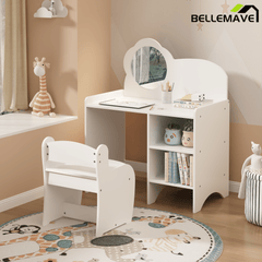 Bellemave® Kids Vanity Table and Chair Set with Mirror and Storage Shelves, Wooden Study and Activity Table, White - Bellemave
