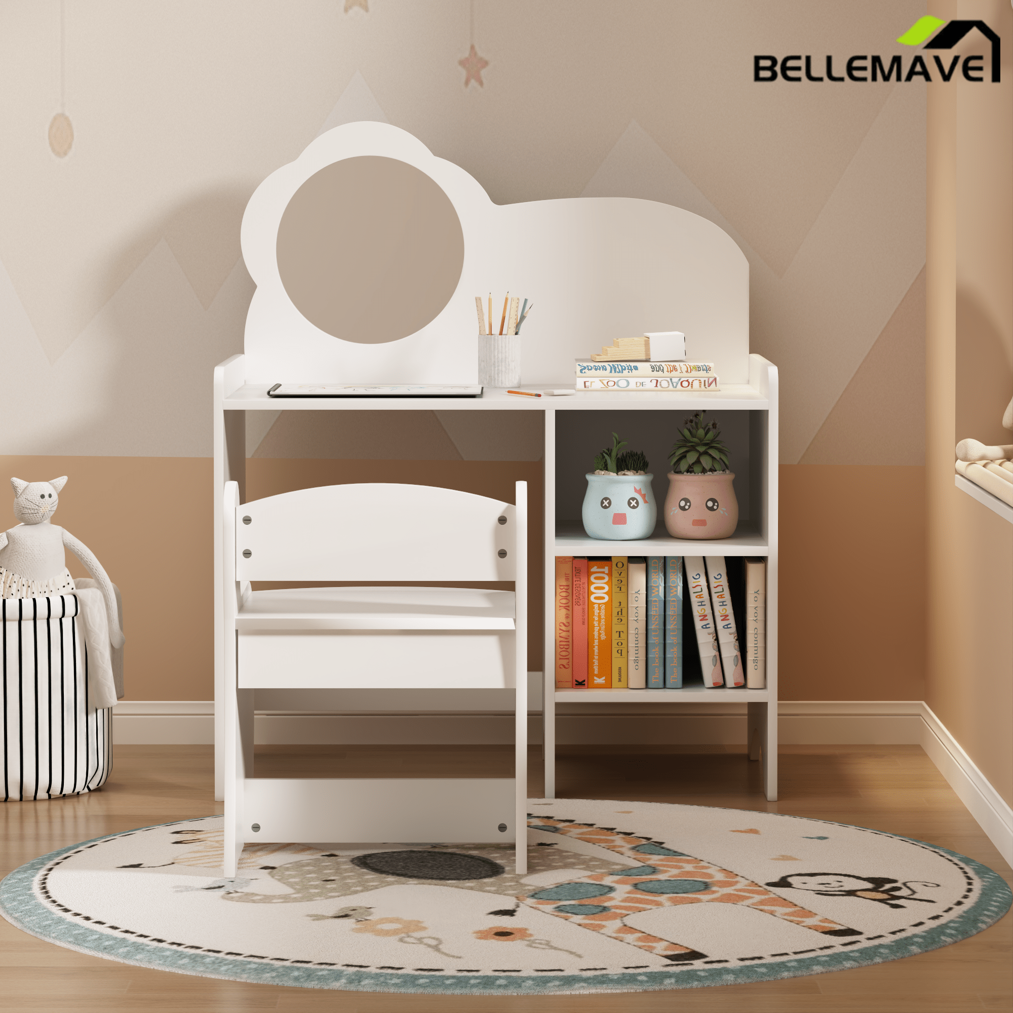 Bellemave® Kids Vanity Table and Chair Set with Mirror and Storage Shelves, Wooden Study and Activity Table, White - Bellemave