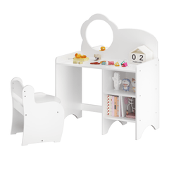 Bellemave® Kids Vanity Table and Chair Set with Mirror and Storage Shelves, Wooden Study and Activity Table, White - Bellemave