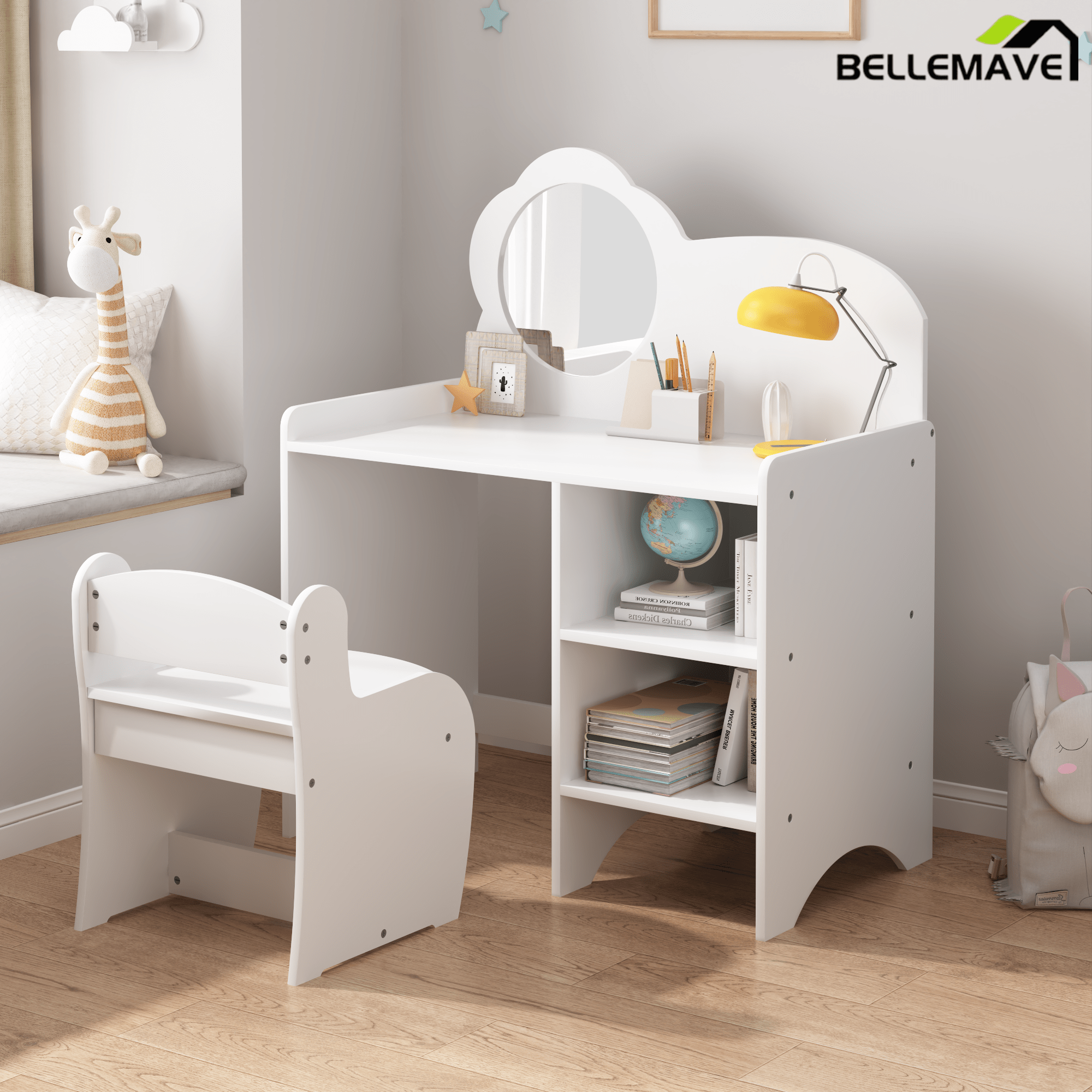 Bellemave® Kids Vanity Table and Chair Set with Mirror and Storage Shelves, Wooden Study and Activity Table, White - Bellemave