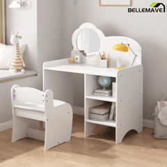Bellemave® Kids Vanity Table and Chair Set with Mirror and Storage Shelves, Wooden Study and Activity Table, White - Bellemave