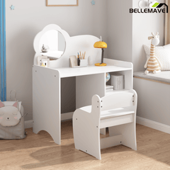 Bellemave® Kids Vanity Table and Chair Set with Mirror and Storage Shelves, Wooden Study and Activity Table, White - Bellemave