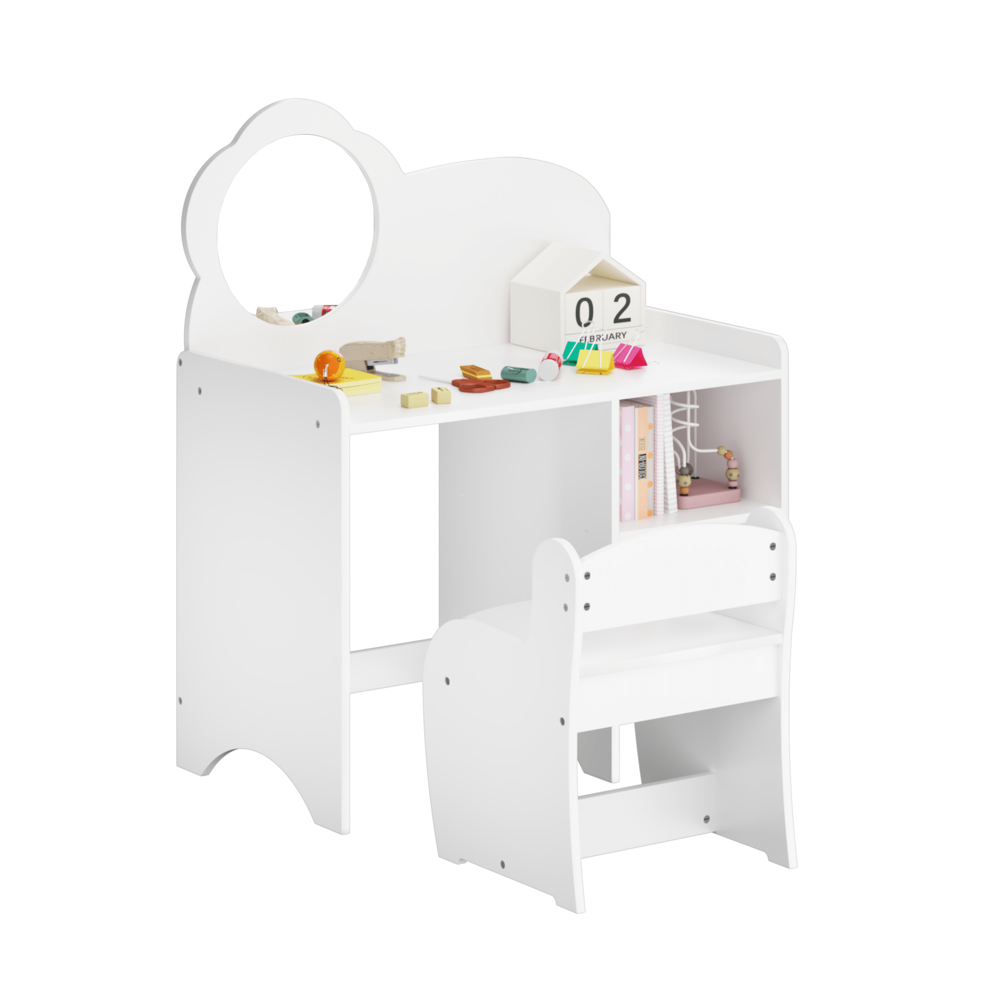 Bellemave® Kids Vanity Table and Chair Set with Mirror and Storage Shelves, Wooden Study and Activity Table, White - Bellemave