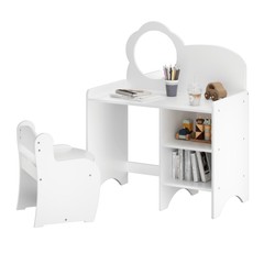 Bellemave® Kids Vanity Table and Chair Set with Mirror and Storage Shelves, Wooden Study and Activity Table, White - Bellemave