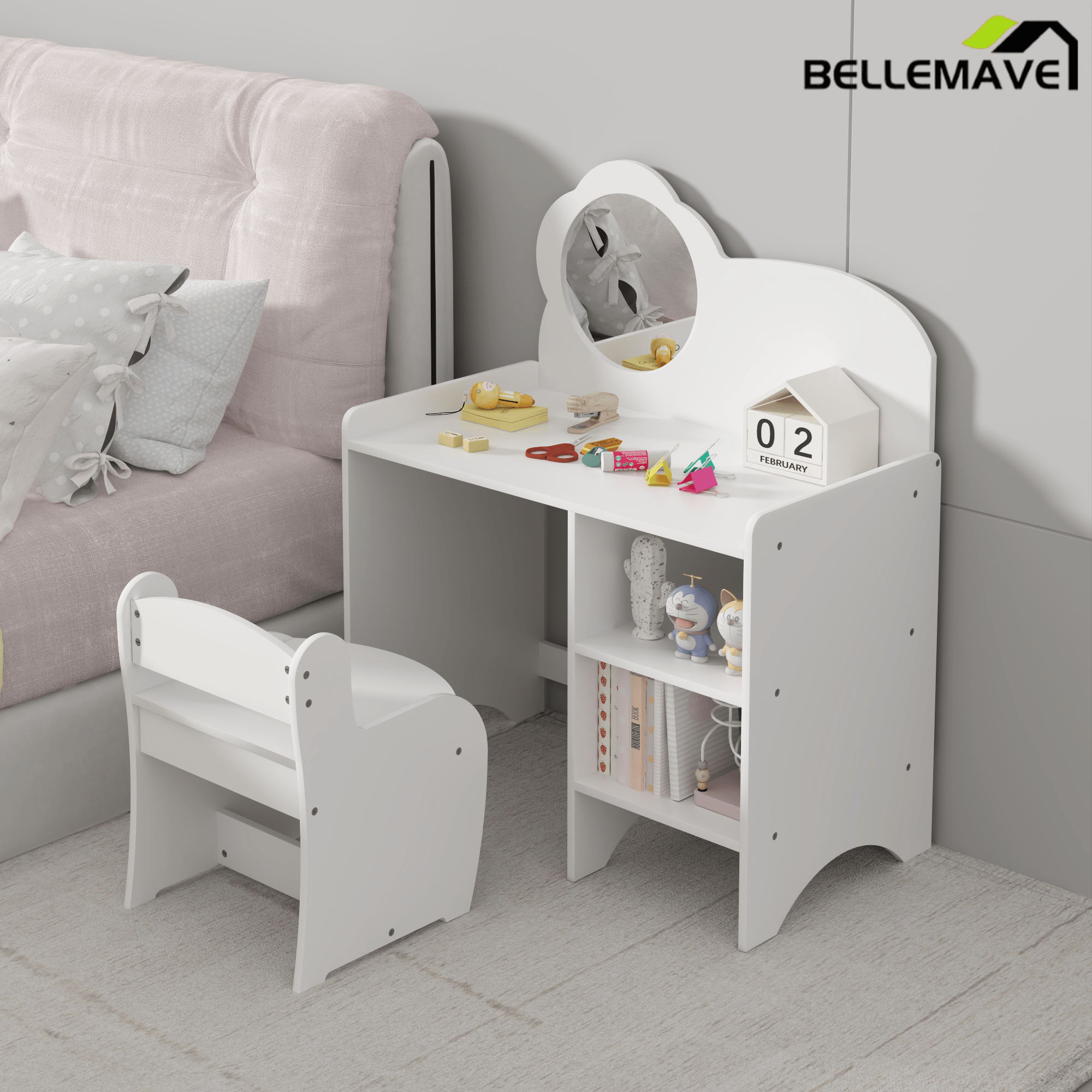 Bellemave® Kids Vanity Table and Chair Set with Mirror and Storage Shelves, Wooden Study and Activity Table, White - Bellemave