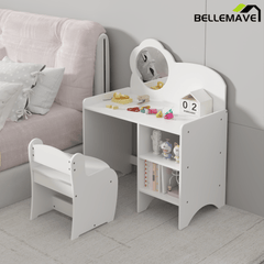 Bellemave® Kids Vanity Table and Chair Set with Mirror and Storage Shelves, Wooden Study and Activity Table, White - Bellemave