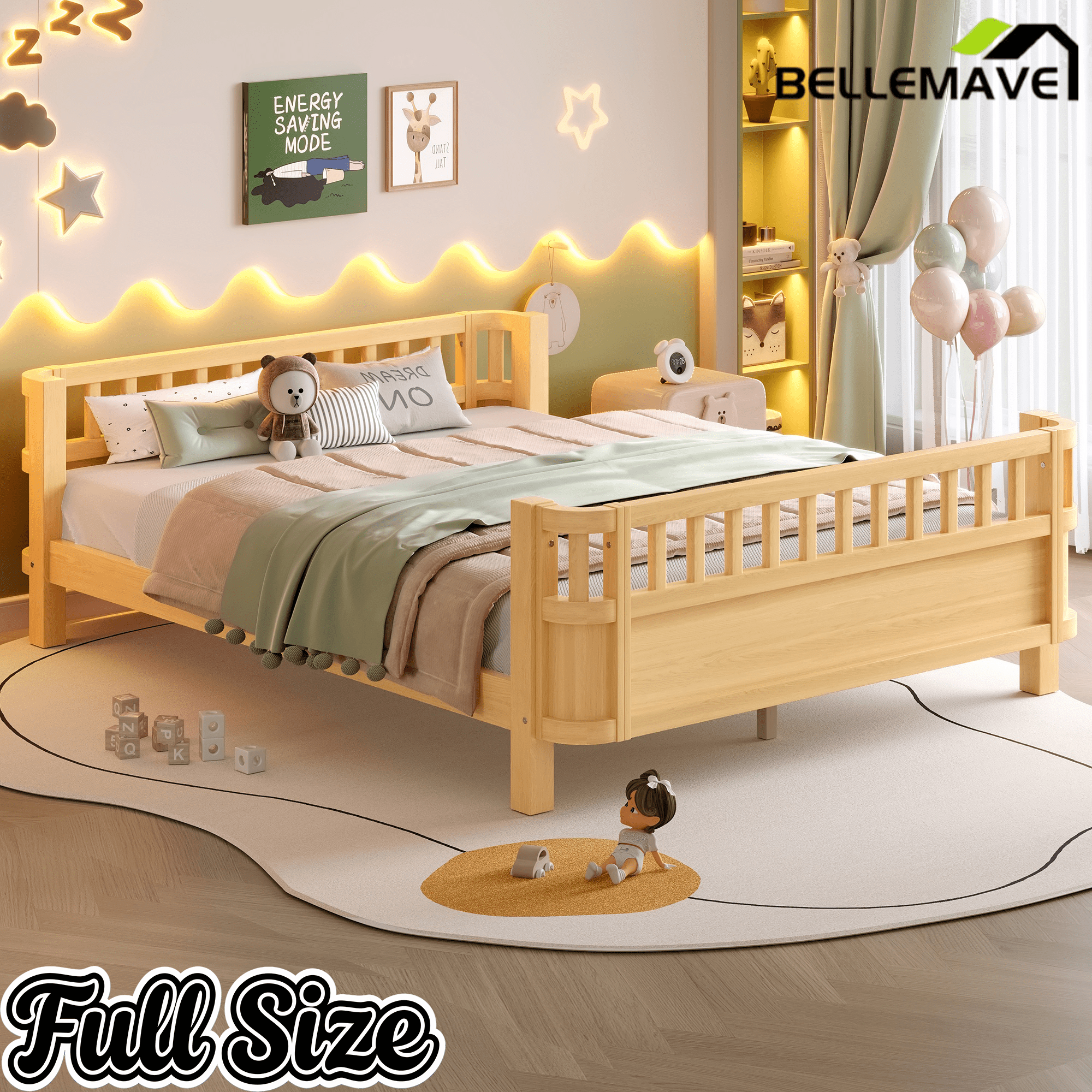 Bellemave® Kids Wood Bed Frame with Detachable Fence, Montessori Bed with Headboard & Footboard,No Box Spring Needed - Bellemave