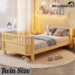 Bellemave® Kids Wood Bed Frame with Detachable Fence, Montessori Bed with Headboard & Footboard,No Box Spring Needed - Bellemave