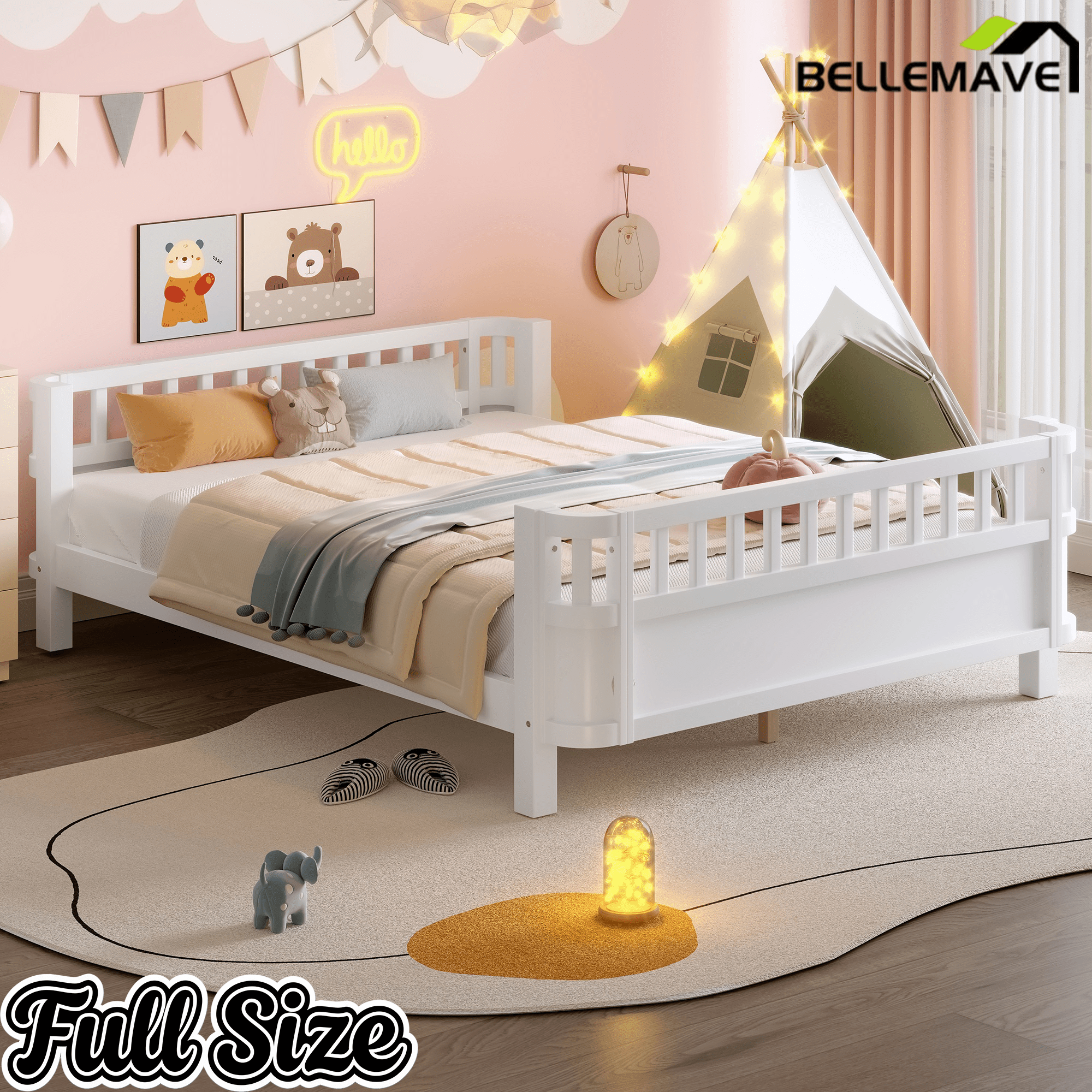 Bellemave® Kids Wood Bed Frame with Detachable Fence, Montessori Bed with Headboard & Footboard,No Box Spring Needed - Bellemave