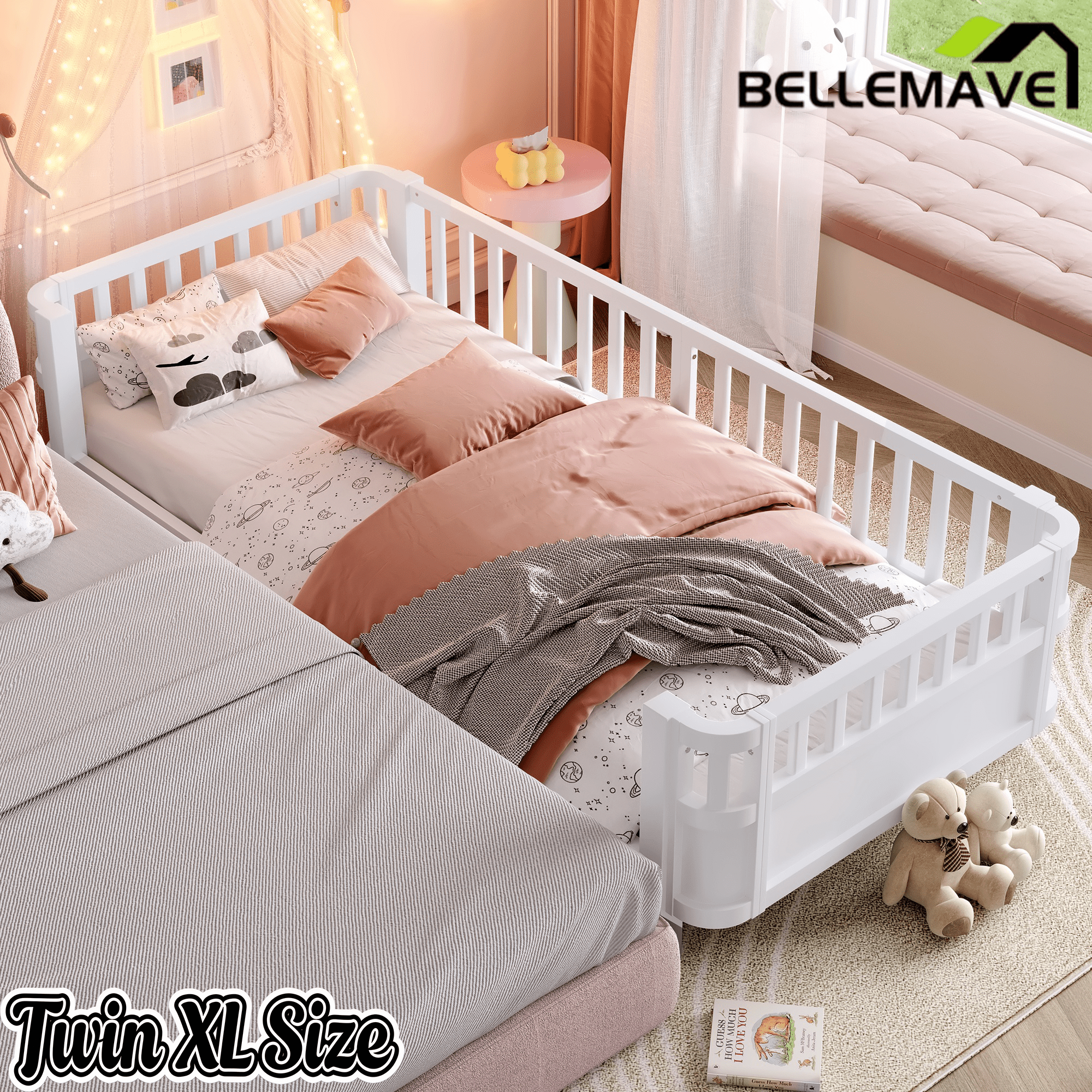 Bellemave® Kids Wood Bed Frame with Detachable Fence, Montessori Bed with Headboard & Footboard,No Box Spring Needed - Bellemave