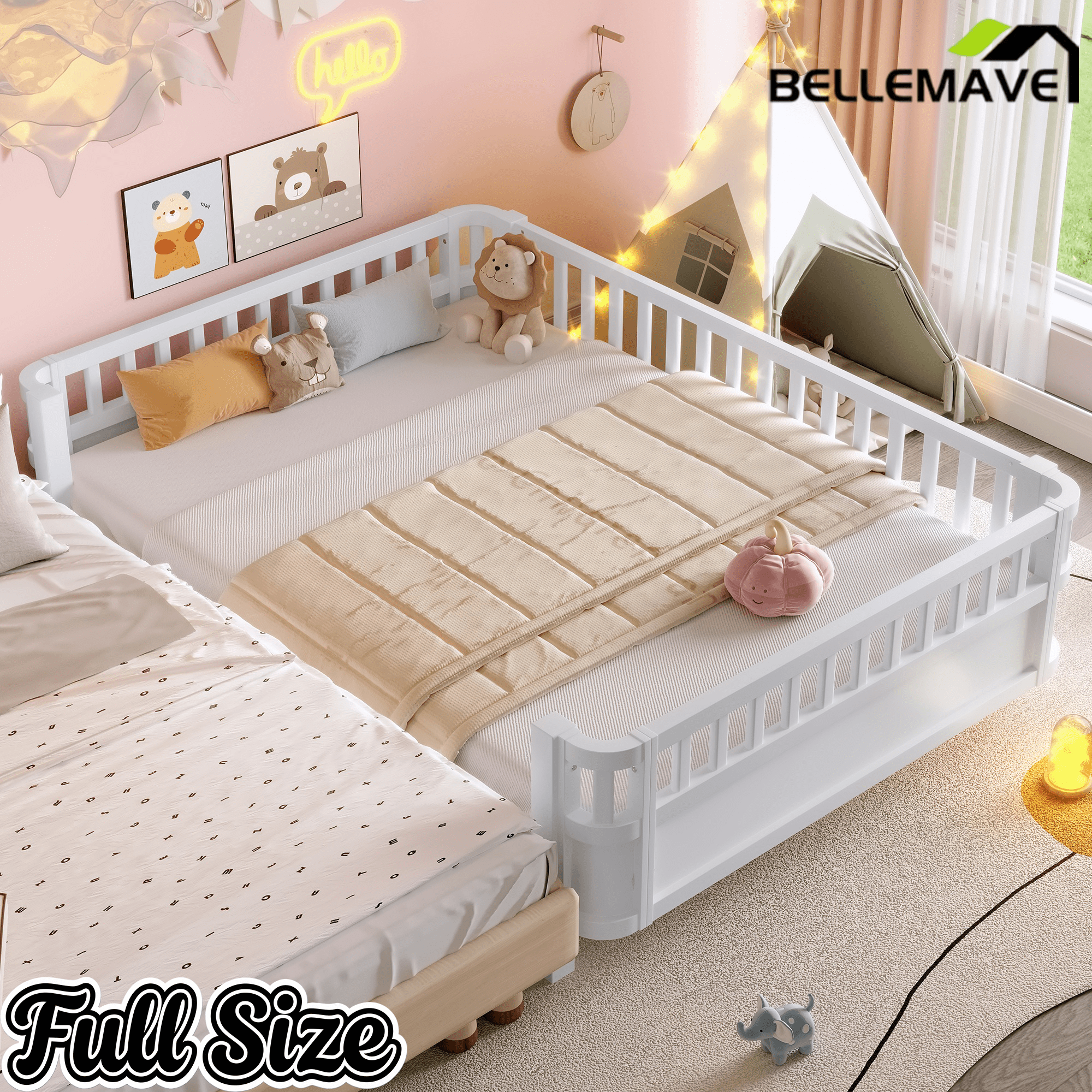 Bellemave® Kids Wood Bed Frame with Detachable Fence, Montessori Bed with Headboard & Footboard,No Box Spring Needed - Bellemave