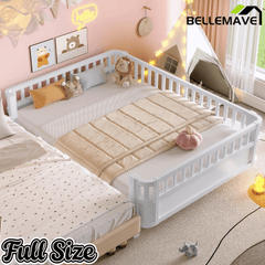Bellemave® Kids Wood Bed Frame with Detachable Fence, Montessori Bed with Headboard & Footboard,No Box Spring Needed - Bellemave
