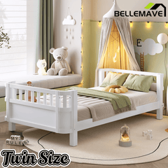 Bellemave® Kids Wood Bed Frame with Detachable Fence, Montessori Bed with Headboard & Footboard,No Box Spring Needed - Bellemave