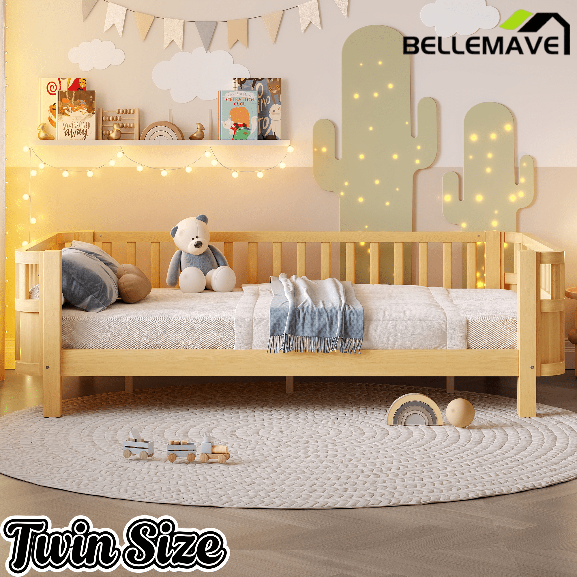 Bellemave® Kids Wood Bed Frame with Detachable Fence, Montessori Bed with Headboard & Footboard,No Box Spring Needed - Bellemave