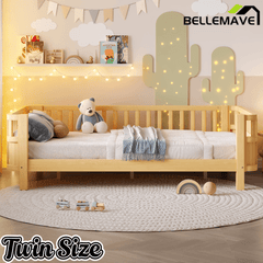 Bellemave® Kids Wood Bed Frame with Detachable Fence, Montessori Bed with Headboard & Footboard,No Box Spring Needed - Bellemave