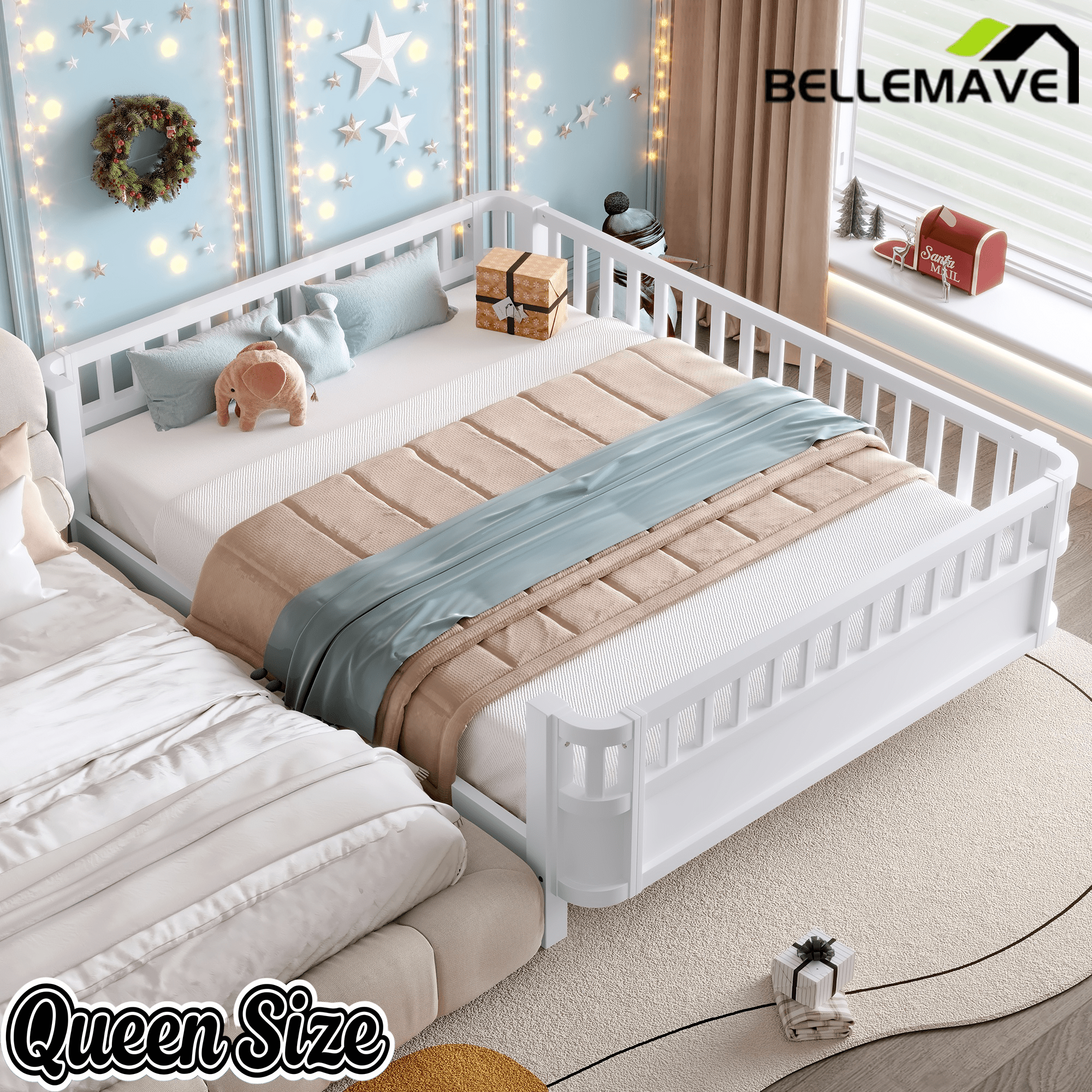 Bellemave® Kids Wood Bed Frame with Detachable Fence, Montessori Bed with Headboard & Footboard,No Box Spring Needed - Bellemave