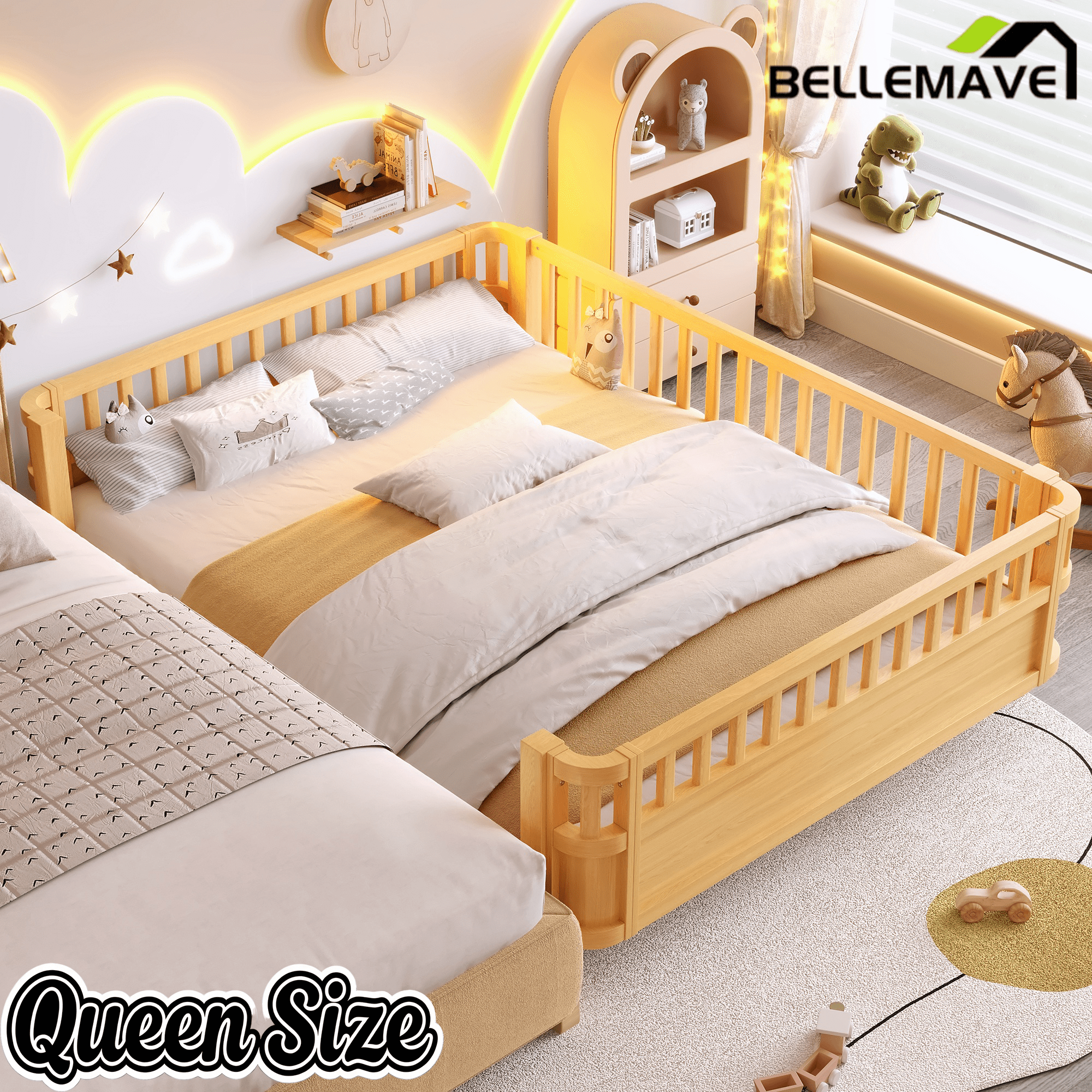 Bellemave® Kids Wood Bed Frame with Detachable Fence, Montessori Bed with Headboard & Footboard,No Box Spring Needed - Bellemave