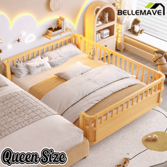 Bellemave® Kids Wood Bed Frame with Detachable Fence, Montessori Bed with Headboard & Footboard,No Box Spring Needed - Bellemave
